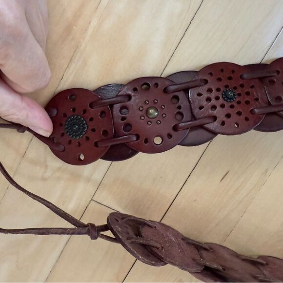 Fossil Dark Brown Leather Concho Western Studded Boho Front Tie Belt L - Picture 8 of 16